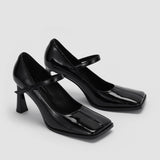Sapatos de Salto Mary Jane Femininos em Imitação de Couro